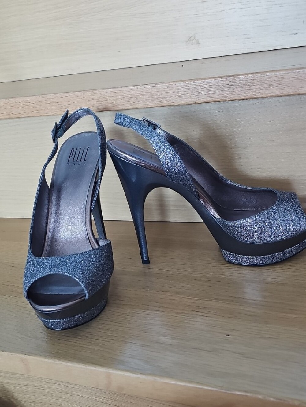 Pelle Moda Sparkling Silver Peep-Toe Slingback Heels - Picture 3 of 9